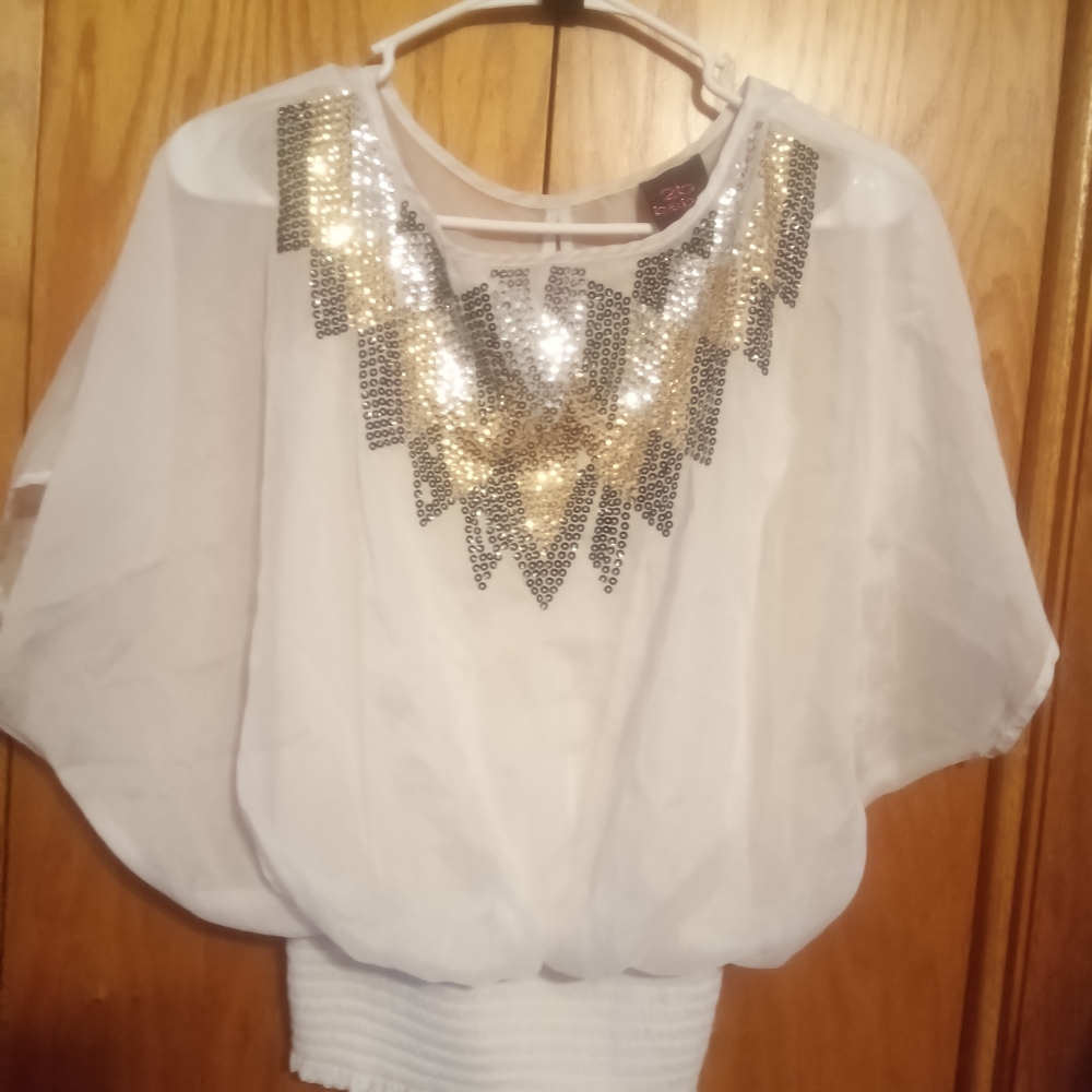 2B Bebe White Blouse with Silver and Gold Sequins